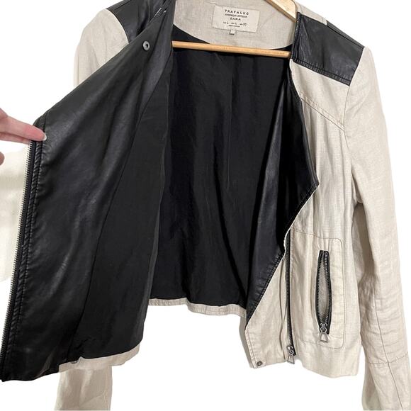 Zara Trafaluc Linen Moto Blazer Jacket Off White/Black Size L - Picture 3 of 5